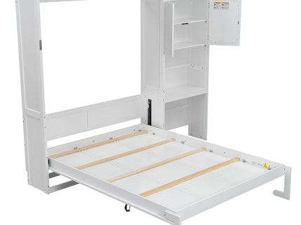 Queen Size Murphy Bed With Louvered Design And Multiple Storage Shelves - White