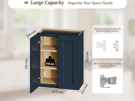 Shaker Wall Cabinet With Soft Close Hinges, Adjustable Shelves, Double Door