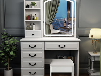 Fashion Vanity Desk With Mirror And Adjustable Lighting, 6 Drawers, 3 Color Light Modes - White