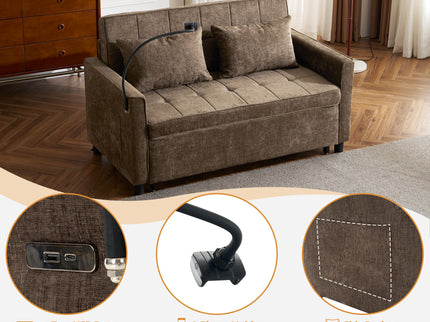 Pull-Out Sleeper Sofa With Reversible Backrest Cushion, Side Pockets, 2 USB Ports And A Phone Holder For Living Room