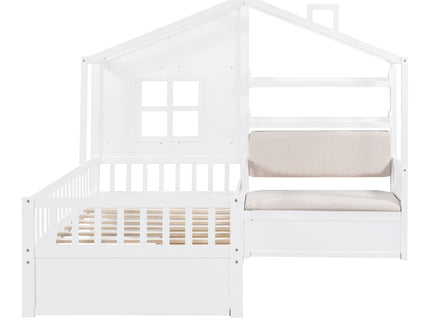 House Bed With Sofa, Kids Platform Bed With 2 Drawers And Storage Shelf