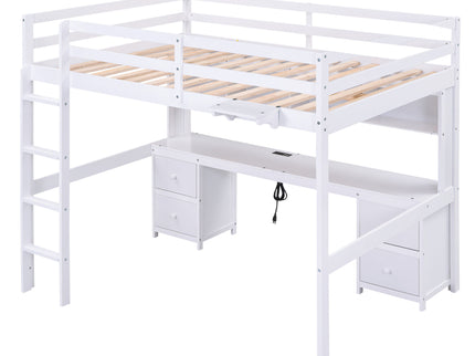 Loft Bed With Desk, Cabinets, Drawers, Charging Station And Bedside Tray