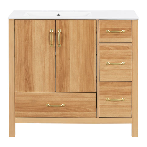 36" Bathroom Vanity, 2 Soft Close Doors, 4 Soft Close Drawers, Adjustable Shelf, Storage Cabinet - Acacia Wood