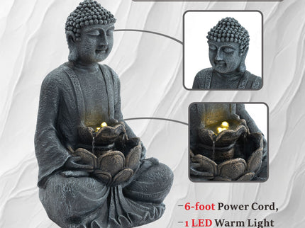 Zen - 2 Tier Meditating Buddha Water Fountain With Pump & LED Light - Gray