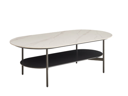 Contemporary Coffee Table Sintered Stone Surface With Ceramic Finish Double Layer Design Base Matte Shelf Modern Living Room Center Table - White / Gray