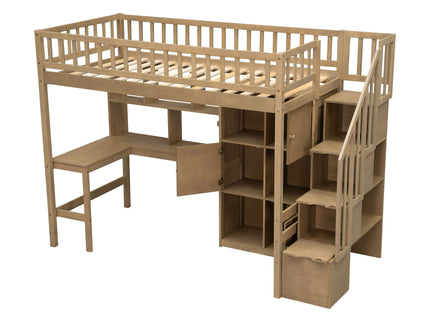 Loft Bed With Built In L Shaped Desk, LED Lights, Storage Shelves, Cabinets, And Staircase