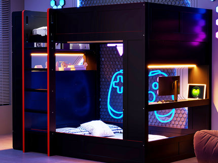 Full Size Gaming Bunk Bed With Desk, Storage Shelves, LED And Charging Station - Black
