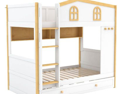 Bunk Bed With House Shaped Guardrails, Storage Shelves, And Trundle