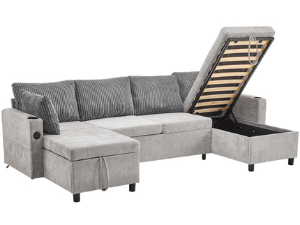 Sectional Sofa Bed With Pull Out Sleeper, USB Ports, Cup Holders