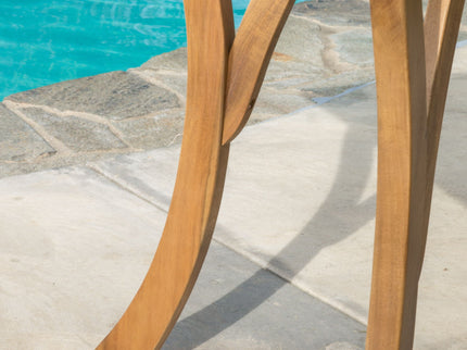 Outdoor Rectangular Table With Curved Legs And Perpendicular Wooden Slats Table Top
