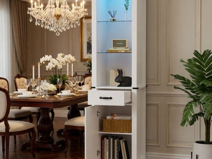 Pantry Cabinet With LED Lights And Barn Door With Tempered Glass Shelves - White