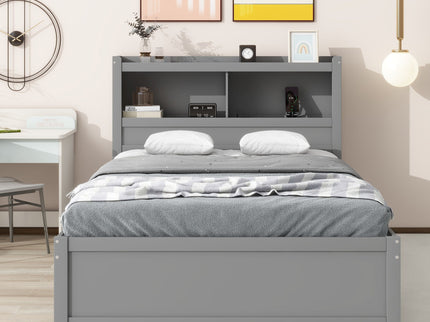 Full Size Platform Bed With Trundle, Drawers, USB Ports And Built In Shelves - Gray