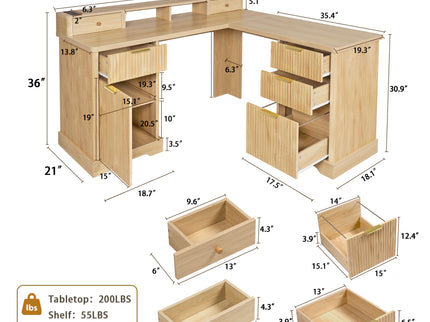 Fluted L-Shaped Desk With Charging Station & Storage Cabinet