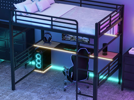 Full Size Loft Bed Frame With Storage Shelf And LED Light - Black