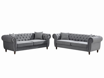 Chesterfield Upholstery Fabric Sofa With Roll Armrest & Nailhead, Mid Century Modern 3 And 3 Seater Couch