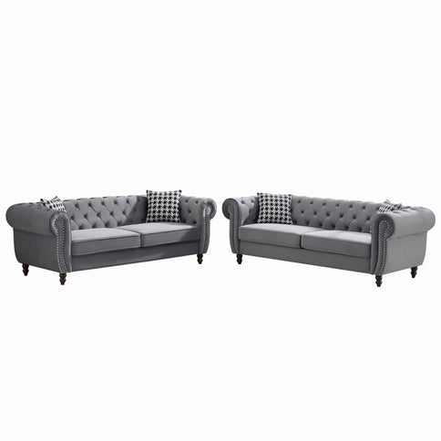Chesterfield Upholstery Fabric Sofa With Roll Armrest & Nailhead, Mid Century Modern 3 And 3 Seater Couch