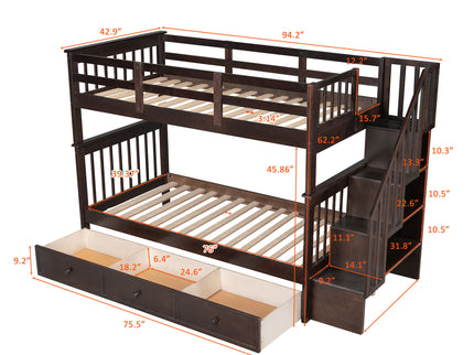 Stairway Bunk Bed With Storage And Guard Rail For Bedroom