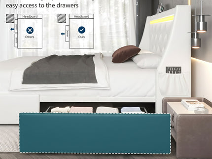 Wingback Upholstered Bed Frame With LED Lights, Charging Station