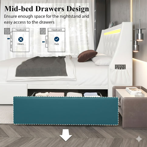 Wingback Upholstered Bed Frame With LED Lights, Charging Station