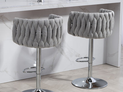360 Degree Swivel Bar Stools Adjustable Counter Height Bar Chairs With Woven Back & Footrest, Silver Chromed Bar Stools For Kitchen Island (Set of 2) - Gray