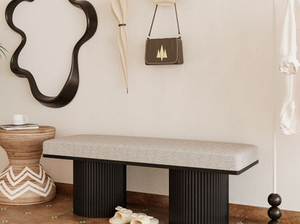 Upholstered Bench With Black Chunky Legs Boucle Contemporary Style Bed-End Bench For Bedroom Living Room - Light Gray