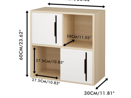 Storage Cabinet With Sliding Doors, 2 Tier Open And Closed Shelves Organizer - Natural / White