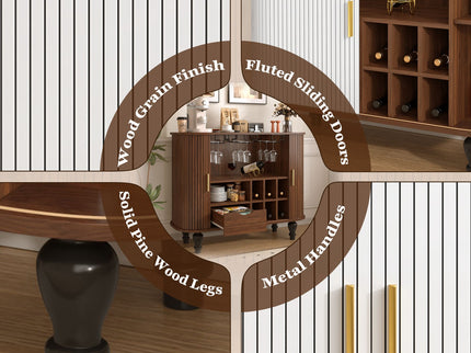 Fluted Liquor & Coffee Bar Cabinet With 6 Wine Racks And 3 Glass Holders