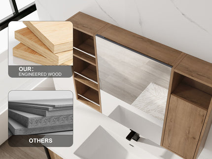 Wall Mounted Bathroom Mirror Cabinet, Adjustable Shelves Storage Cabinet - Imitative Oak