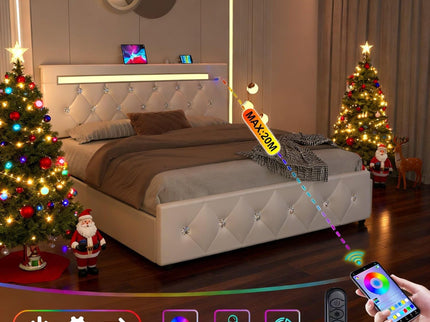 Upholstered Bed Frame With LED Lights, 4 Storage Drawers, Charging Station