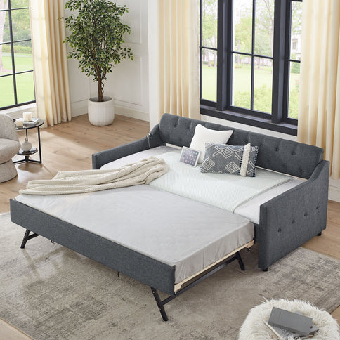 Size Upholstered Daybed With Trundle And USB Charging Armrest