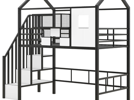 Metal Loft Bed With Roof Design And Storage Box With Guardrails And Integrated Ladder