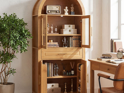 Arched Kitchen Pantry Cabinet With Adjustable Shelves And Barn Door Design
