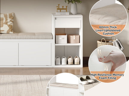 Entryway Storage Bench With Cushion, Drawers & Open Shelves