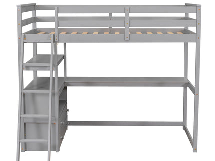 Modern Loft Bed With Built In Desk, Shelves, And 2 Drawers
