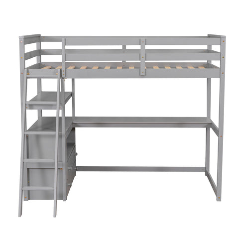 Modern Loft Bed With Built In Desk, Shelves, And 2 Drawers