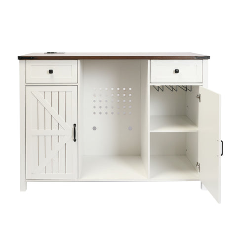 Coffee Bar With Mini Fridge Space & Built In Charging Station, Large Bar Cabinet With Drawers & Adjustable Shelves For Kitchen - White