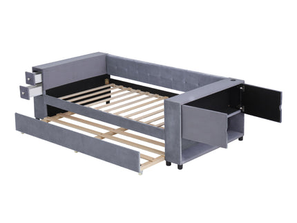 Upholstered Bed With Storage And Twin Trundle, USB Charging Ports