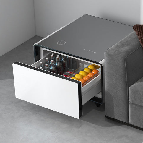 Modern Smart Side Table With Built-In Fridge, Wireless Charging, Temperature Control, Power Socket, USB Ports, Outlet Protection, Induction Light
