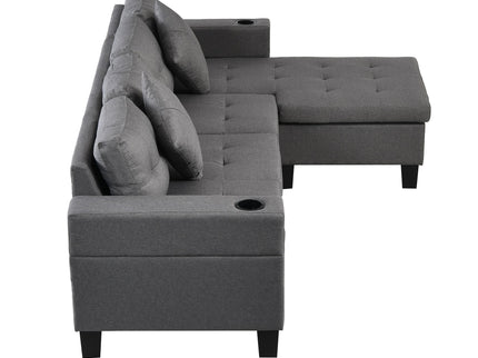 Modern Sectional Sofa Set With L Shape Chaise Lounge, Cup Holder, 4 Seat - Gray