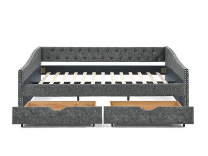 Queen Size Upholstered Daybed With Tufted Back And Nail Trimmed Waved Arms - Gray