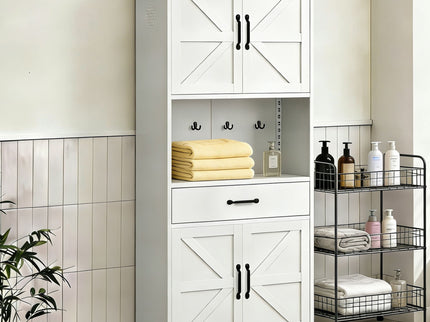 Kitchen Pantry Cabinet With Adjustable Shelves, Drawers, Hooks And Large Countertop - White