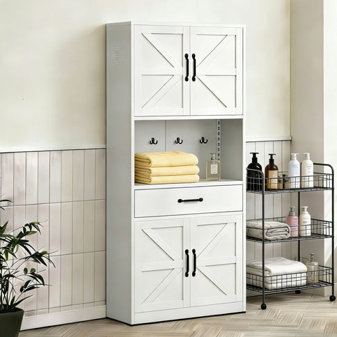 Kitchen Pantry Cabinet With Adjustable Shelves, Drawers, Hooks And Large Countertop - White