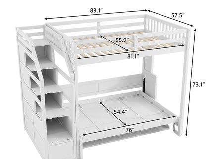 Full Long Loft Bed With Storage Staircase, Murphy Bed, LED Light - White