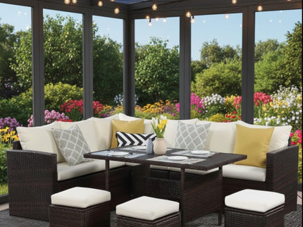 7 Piece Patio Dining Set With Cushions, Modular Sectional Sofa & Storage Table