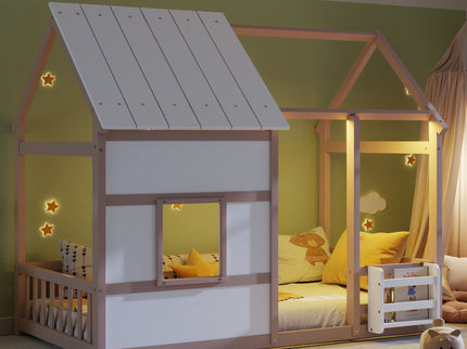 House Floor Bed With 7 Color LED Light, Built In Bookshelf