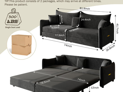 King Pull Out Sofa Bed, 3-In-1 Convertible Bed With 3 Pillows