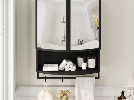 Arched Glass Double Door Wardrobe With Shatterproof Mirror, Open Shelf & Towel Rack