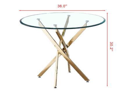 Contemporary Round Clear Dining Tempered Glass Table With Gold Finish Stainless Steel Legs - Gold