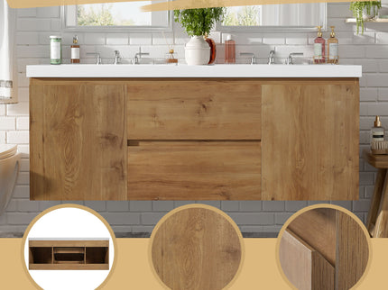 Double Sink Bathroom Vanity, Cabinet & Soft Close Doors, Divided Drawers, Wall Mounted Storage - Wood