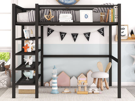 Loft Bed With 4 Tier Shelves And Storage